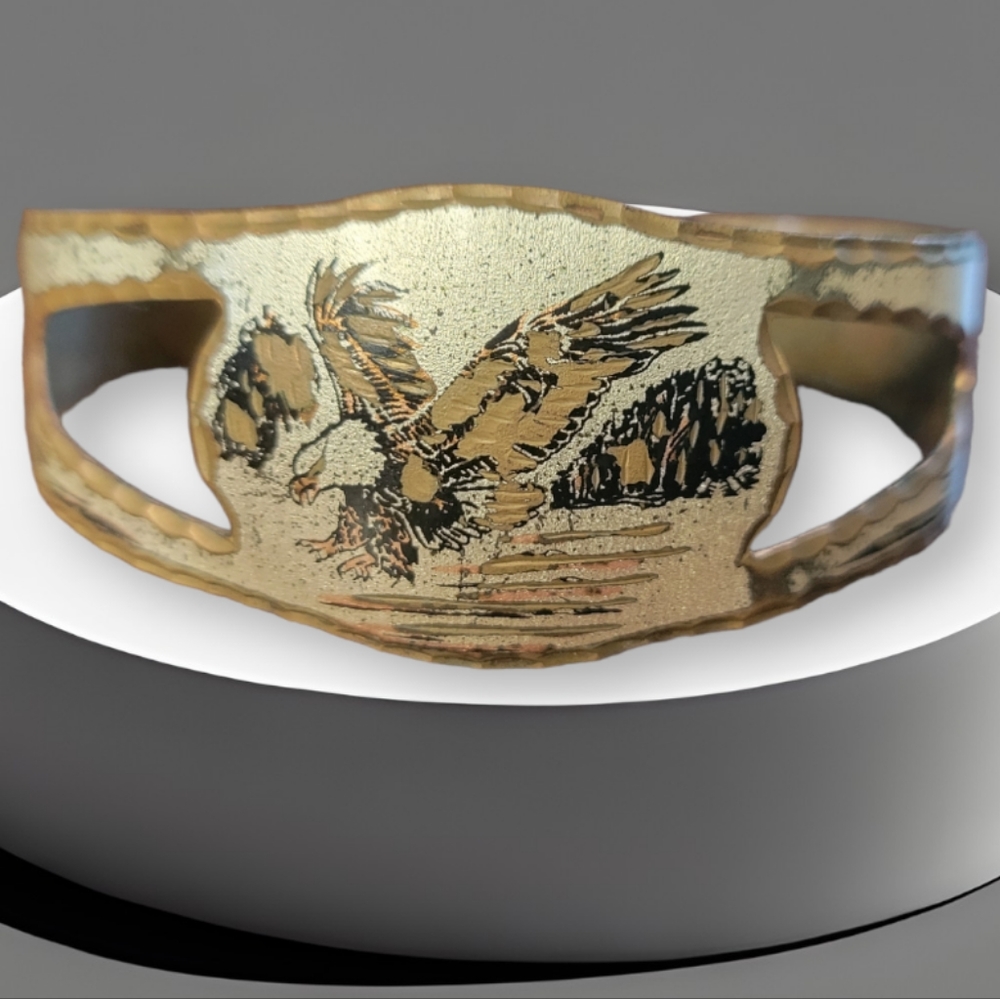 Vtg Copper Eagle In Flight Fishing Unisex Cuff Bracelet